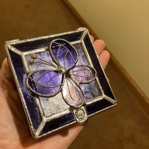 🦋BUTTERFLY TRINKET BOX LEADED STAINED GLASS, MIRROR INSIDE BOTTOM, PURPLE